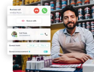 Retail business owner at paint shop counter with VoIP call queue interface on screen, showcasing call handling features