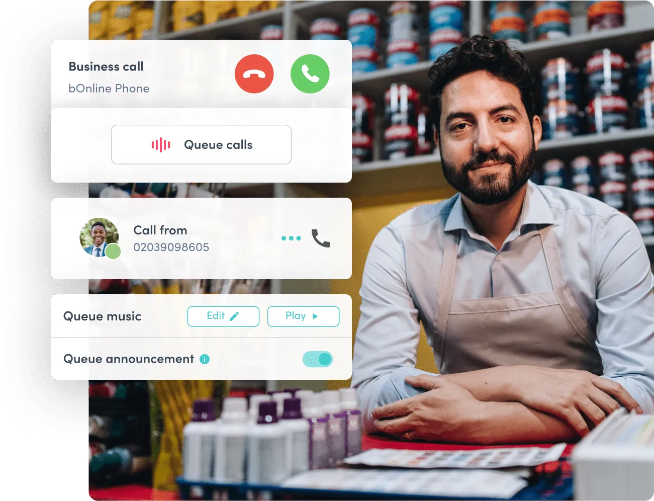 Retail business owner at paint shop counter with VoIP call queue interface on screen, showcasing call handling features