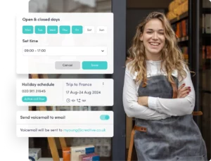 Business owner standing confidently outside her shop, next to a display showing VoIP features like setting business hours, holiday voicemail scheduling, and email forwarding