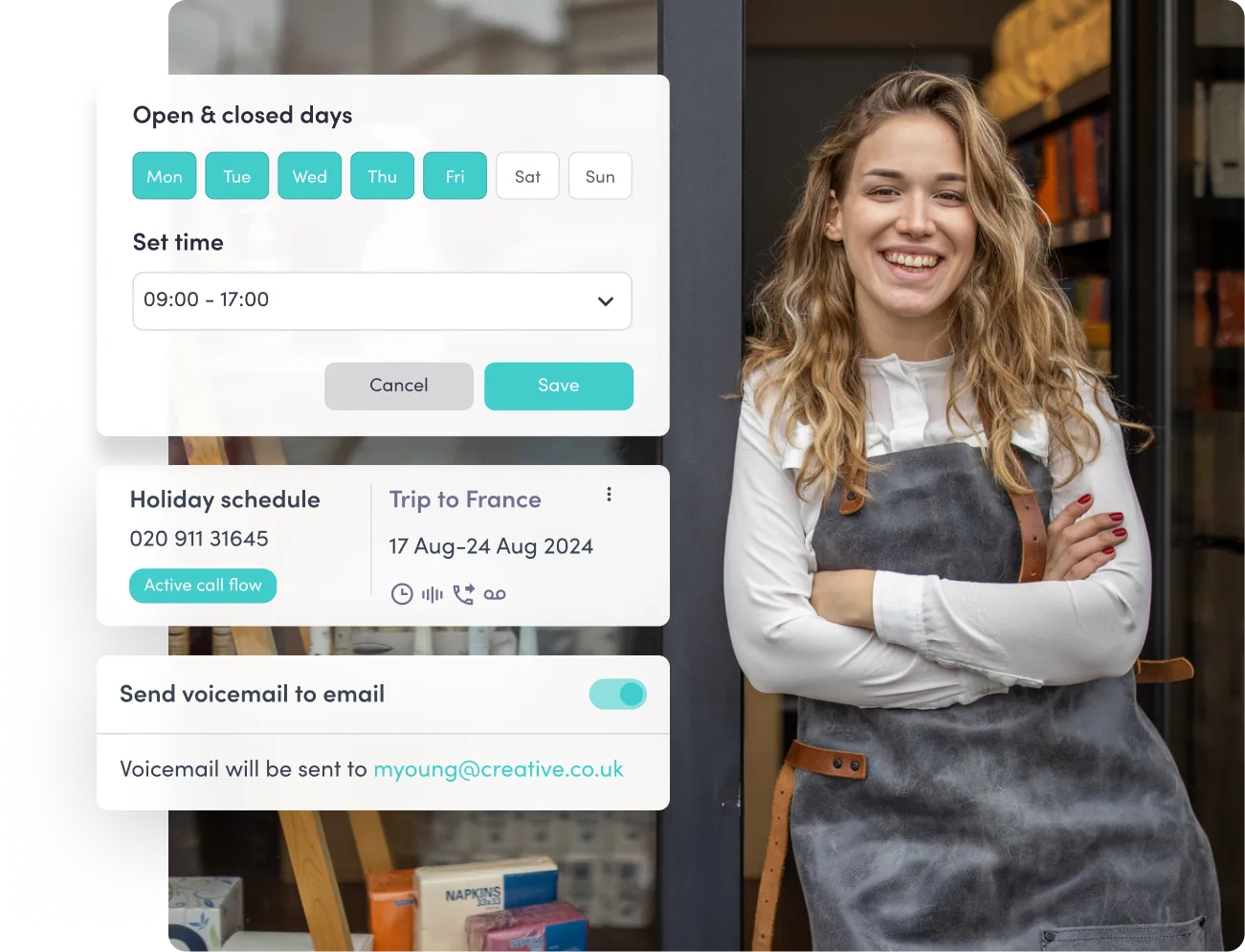 Business owner standing confidently outside her shop, next to a display showing VoIP features like setting business hours, holiday voicemail scheduling, and email forwarding