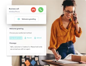 Smiling businesswoman taking a phone call while reviewing notes, next to a graphic showing VoIP welcome greeting options