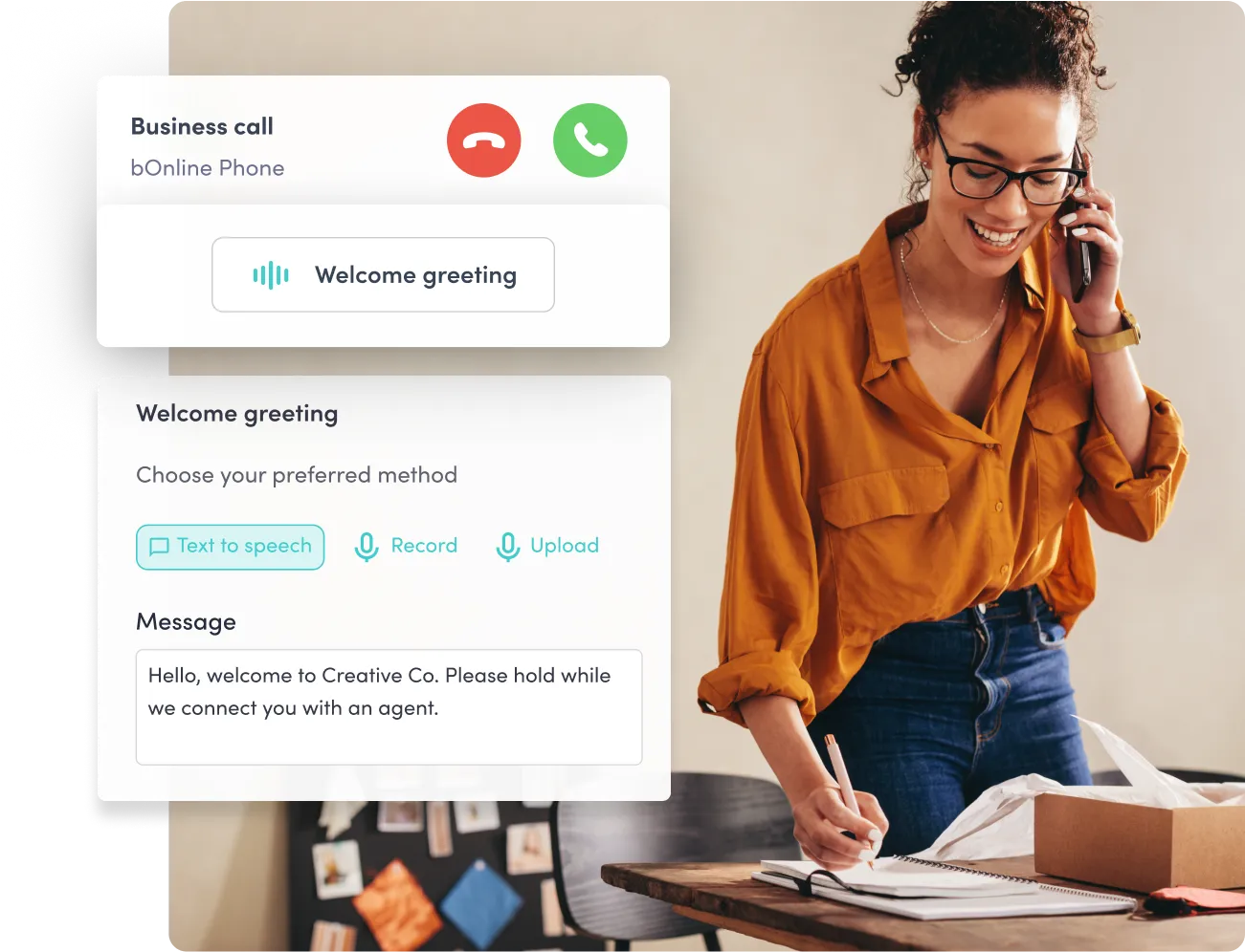 Smiling businesswoman taking a phone call while reviewing notes, next to a graphic showing VoIP welcome greeting options
