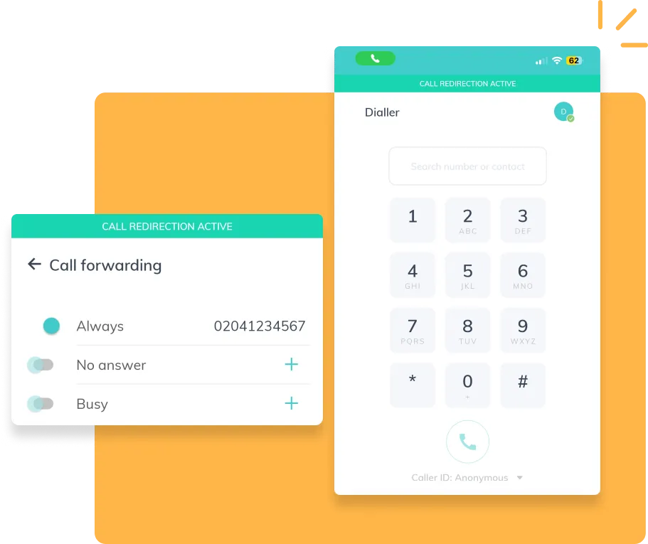 Mobile phone interface showing call forwarding settings and a dial pad with call redirection active.