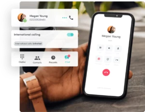 Mobile phone showing bOnline VoIP features that enable working from anywhere, including call recording, voicemail, and HD calling controls