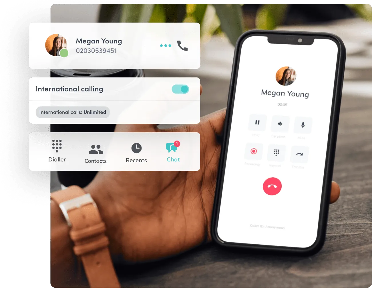 Mobile phone showing bOnline VoIP features that enable working from anywhere, including call recording, voicemail, and HD calling controls